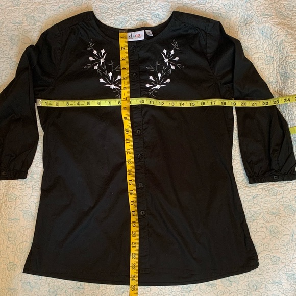 Denim & Co. Shirt Black Cotton with Embroidered Flowers Peasant Button-Up - Picture 6 of 7